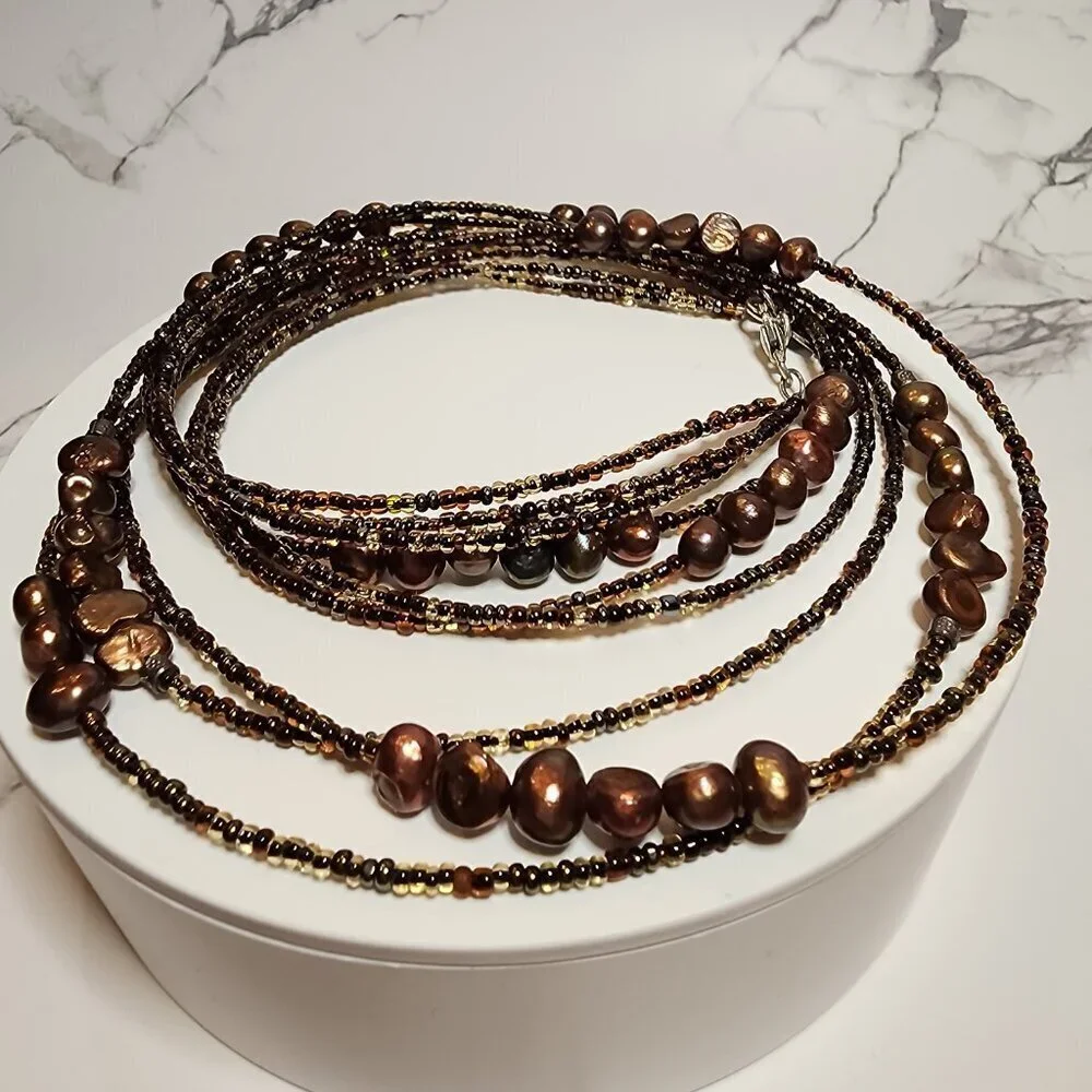 Multi-Stand Brown Bead and Pearl Necklace
